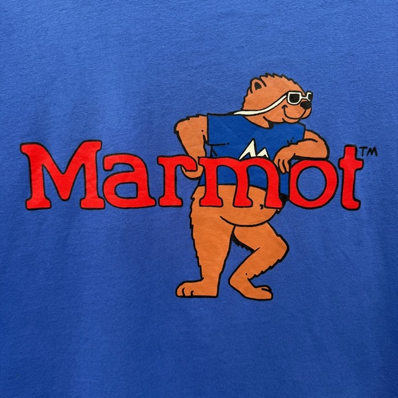 Marmot Mountain Works Leaning Marty Bear Graphic T Shirt Mens Large Blue Fun Tee - Picture 4 of 7